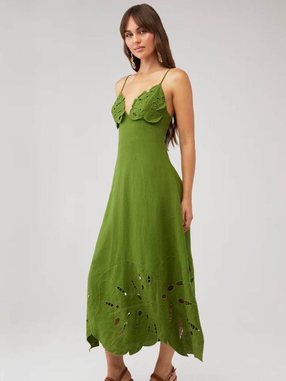 NWT Farm Rio Monstera Embroidered Linen Midi Dress - Picture 2 of 6